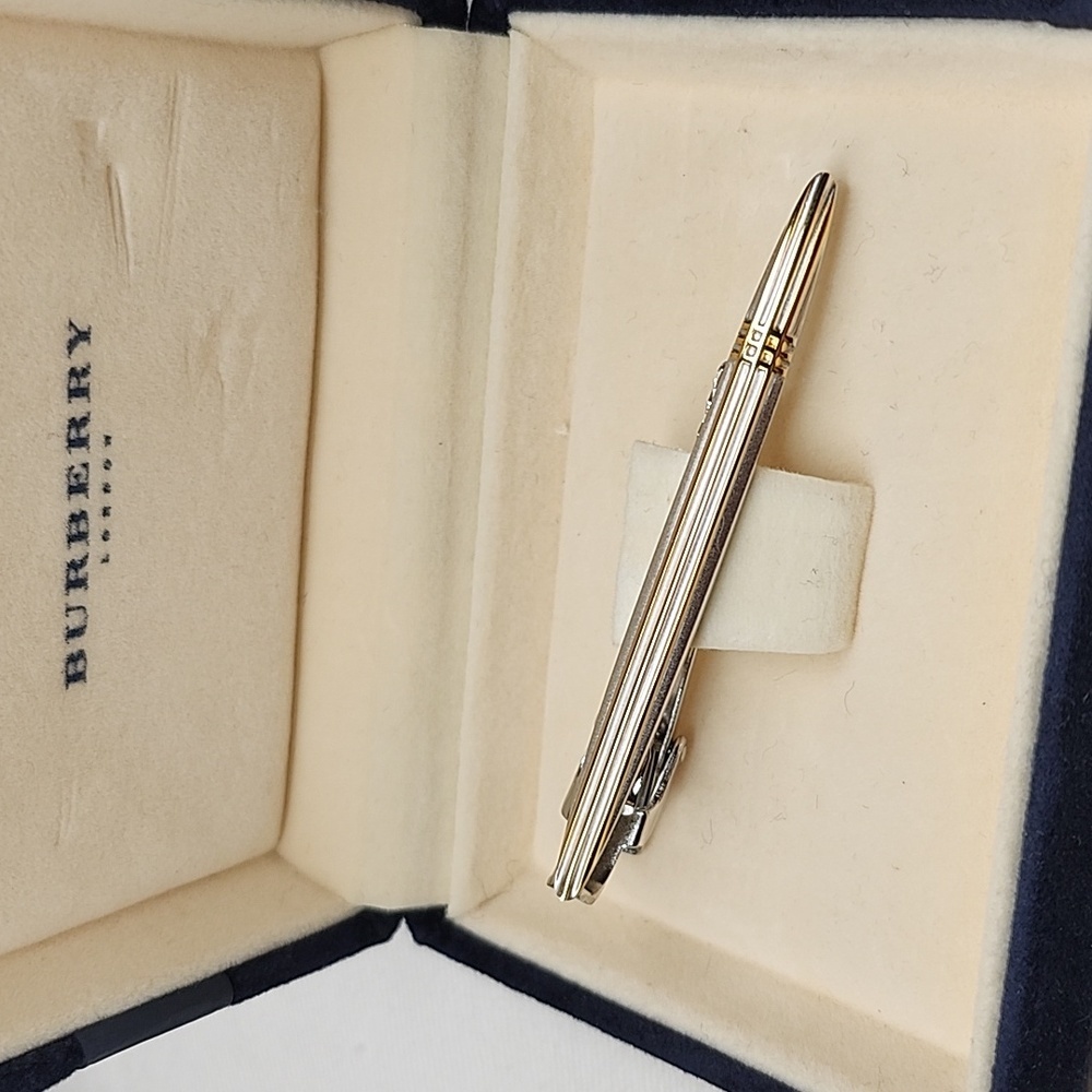 Burberry Tie Clasp Clip Bar Pin Gold plate plated mesh check × Silver color